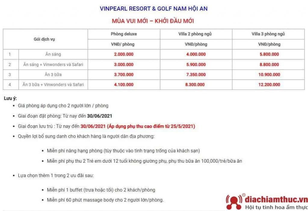 Bảng giá dịch vụ, giá phòng tại Vinpearl Đà Nẵng