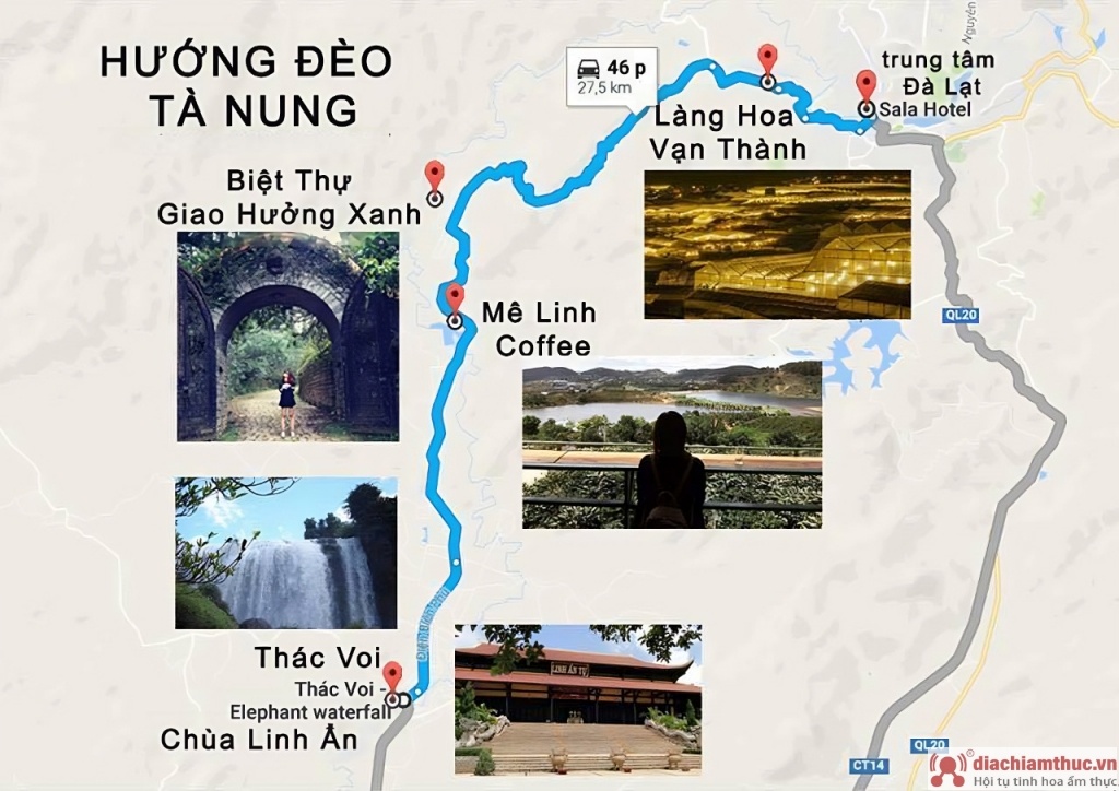 Bản đồ du lịch Đà Lạt theo hướng đèo Tà Nung